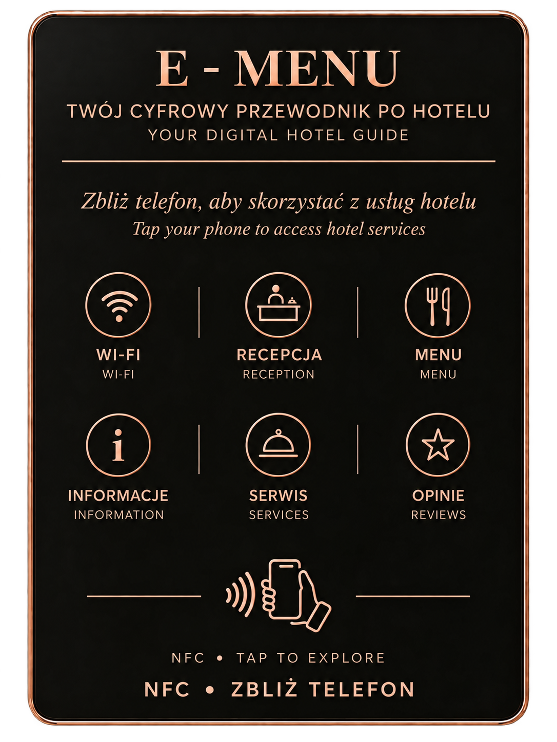 Czarna tabliczka E-MENU z miedzianą ramką i symbolami usług hotelowych